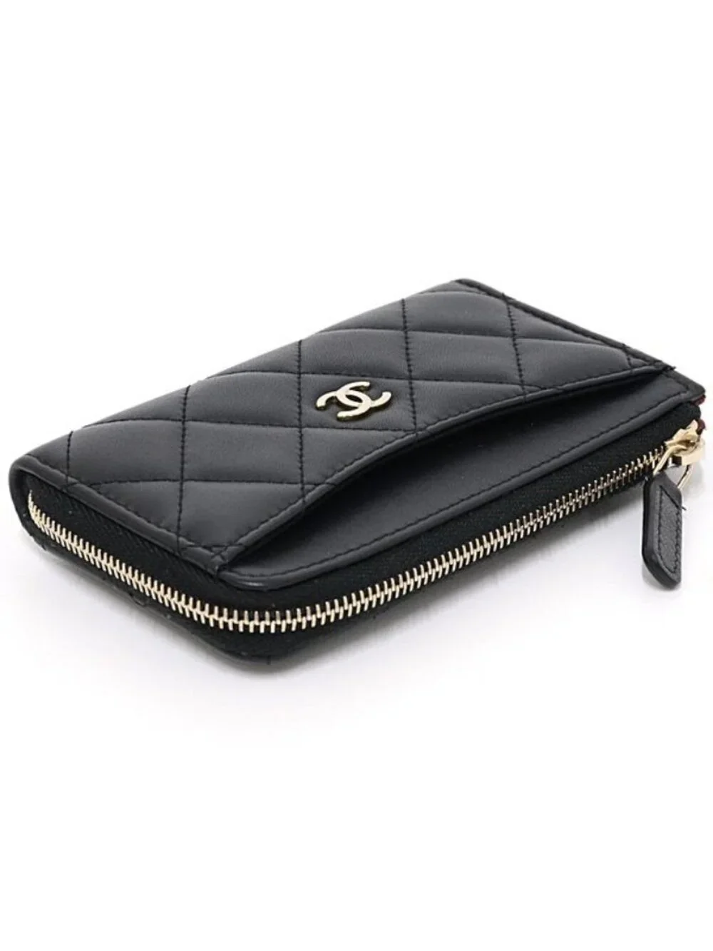 Chanel Zip Card Case Fragment Coin Purse Quilted Lambskin Black